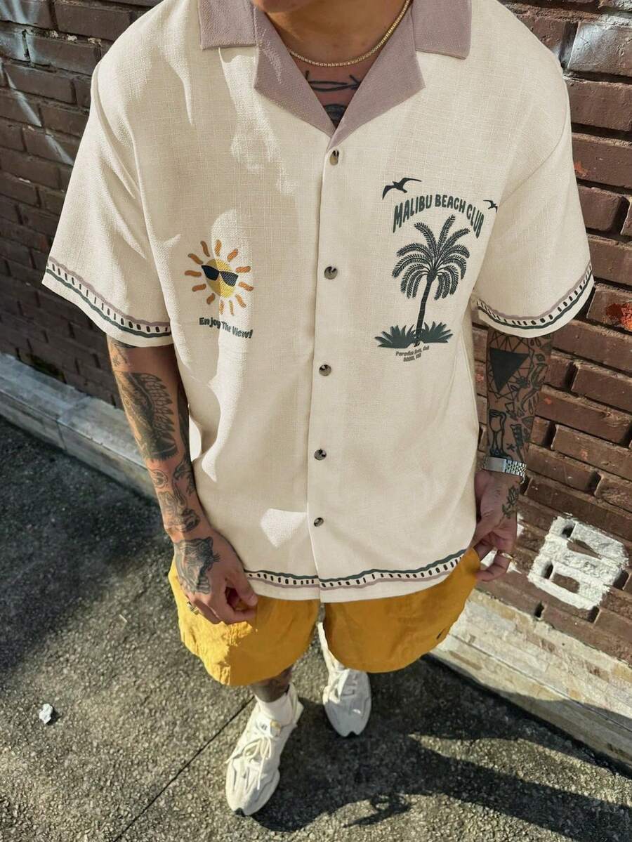 2025 Spring/Summer Men's Coconut Tree Pattern Stylish Short Sleeve Shirt - Apricot - View 1
