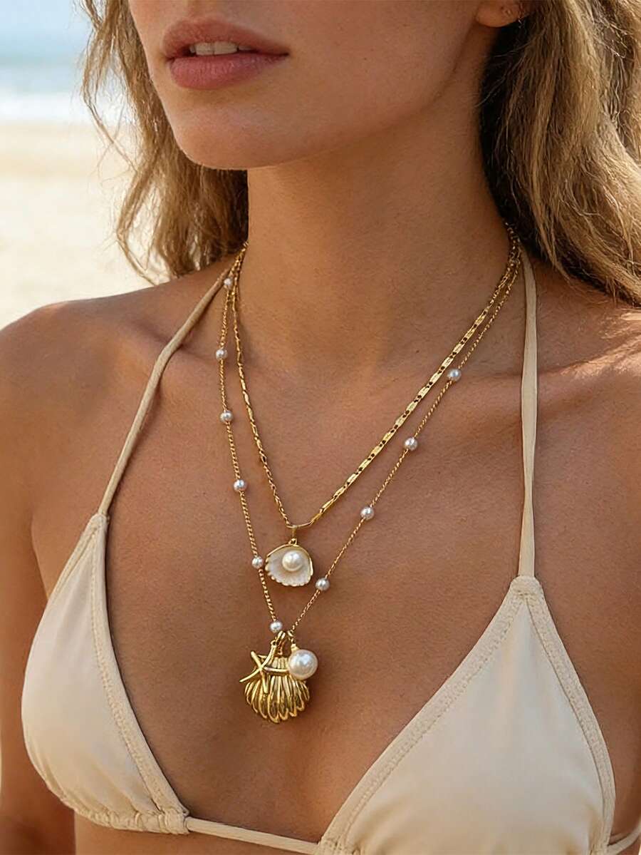 Bohemian Metal Starfish Conch Pendant Necklacs For Women Simple Pearl Tassel Chain Necklace Set Beach Aesthetics Jewelry - Yellow Gold - View 1