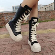 All-Season Fashion Women Black Mid-Calf Boots Thick Sole With Side Zipper Retro Lace-Up Motorcycle Boots Woman Long Booties - 黑色 - 查看 5