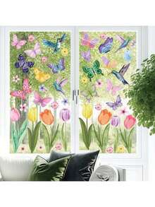 8 Sheets Spring Window Clings Flower Window Stickers Decorations For Glass Windows, Easter Tulip Butterfly Flower Window Decals - Multicolor - View 8
