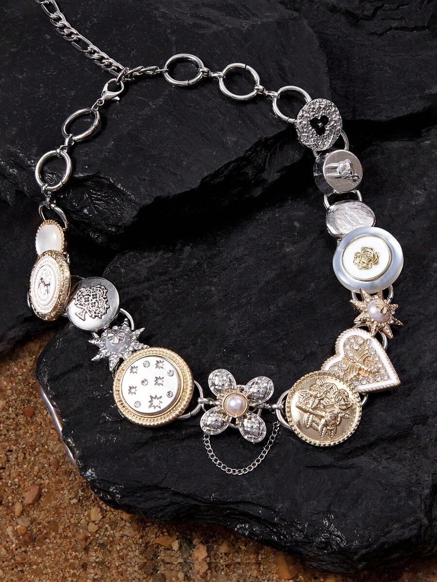 Opalesca 1pc Y2K Punk Style Heart Flower Decor Chain Necklace, Suitable For Women Party/Music Festival Accessories Valentines - Multicolor - View 1