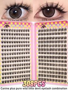 28排308簇假睫毛，DIY睫毛嫁接套装，2种款式混合，11毫米长柔软蓬松睫毛簇，高密度，单簇睫毛，锥形尖端，C型卷翘睫毛，打造自然或魅惑猫眼妆效，戏剧化妆容，睫毛簇，单根睫毛，假睫毛，睫毛嫁接，女士，化妆品，每周睫毛 - C - 查看 1