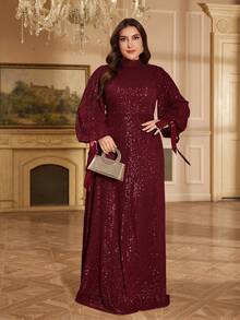 XUIBOL 大码亮片高领舒适长款连衣裙,适合不同体型,圆领长袖修身鱼尾下摆独特设计,纯色优雅奢华长裙,适合派对、毕业典礼、婚礼、活动及各种宴会舞会,女士正式晚礼服、舞会礼服、新娘母亲伴娘礼服(2025时尚款)黑色晚宴婚礼宾客长款连衣裙,正式晚礼服 - 酒紅色 - 查看 5