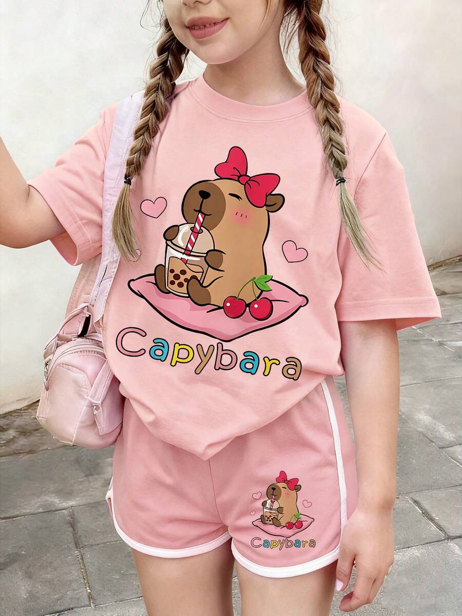 2件套少女休闲创意可爱水豚印花T恤+短裤套装，夏季假日 - 粉色 - 查看 1