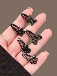 5个优雅休闲锌合金闪亮迷你刘海夹，水钻蝴蝶结侧鸭嘴夹，时尚水晶发夹，适合所有季节 - 彩色 - 查看 2