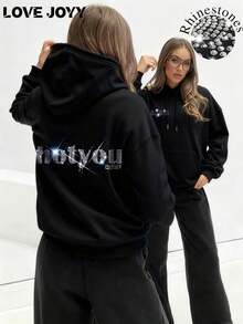 LOVE JOYY High Street Fashion Women Loose Long Sleeve Pullover Hoodie With Angel Wings Rhinestone Decor, Pocket, Blingbling Streetwear, Autumn/WinterY2Y-W- Gras - Đen 5 - Xem 4