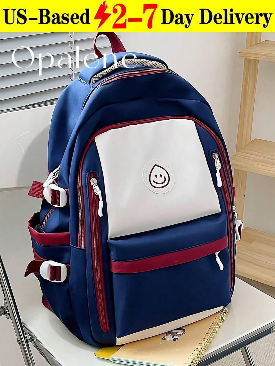 Fashion Color-Blocking Backpack For Women, Casual Large Capacity Knapsack, Fashion Simple College Student School Bag, Casual Daypack, Waterproof Bookbag, Travel Backpack Suitable For Daily, School And Outing Use, Travel Essentials, School Supplies, Travel Accessories - 彩色 - 查看 1