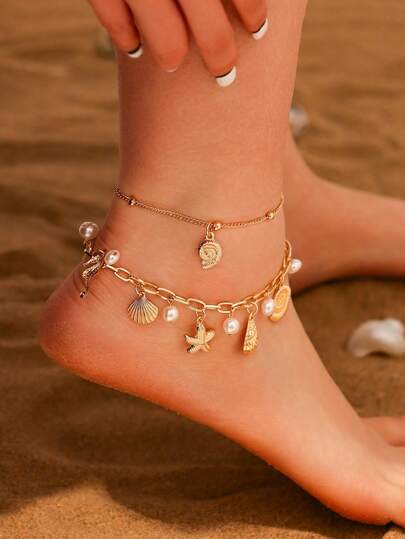 2 piezas Tobillera con colgante de concha y estrella de mar de estilo oceánico con perlas falsas, accesorio de joyería casual para mujer en fiestas y vacaciones en la playa