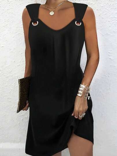 Women's Sleeveless V-Neck Knit Camisole Dress With Drawstring Waist, Casual Bohemian Style Knee-Length Midi Dress Black Summer