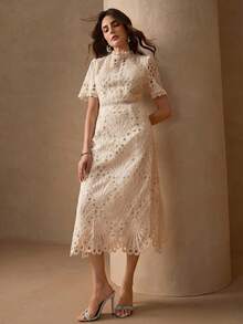 Đầm ôm dáng sang trọng, khóa kéo sau lưng, cổ tròn, phối ren, dành cho nữ mùa hè. - Màu be - Xem 3