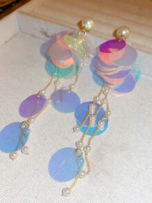 Andkiss 1对彩色全息圆盘和仿珍珠长流苏耳环 - 彩色 - 查看 4