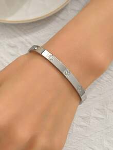 1 pieza Pulsera de acero inoxidable con elemento de trébol de lujo con diamante de imitación, joyería de mujer elegante y exquisita - Plateado - Ver 4