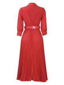 优雅收腰轻盈纯色百褶裙，配腰带，复古风格女装，适合秋冬季节、正式场合、婚礼、返校节、生日、教师装等。 - 紅色 - 查看 5