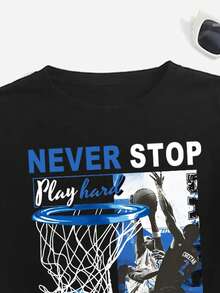 Tween Boys' Casual Fashionable Street Sporty Daily Commute Basketball Player Slogan Print Short Sleeve T-Shirt And Drawstring Waist Shorts Set, Summer - Blue - View 3