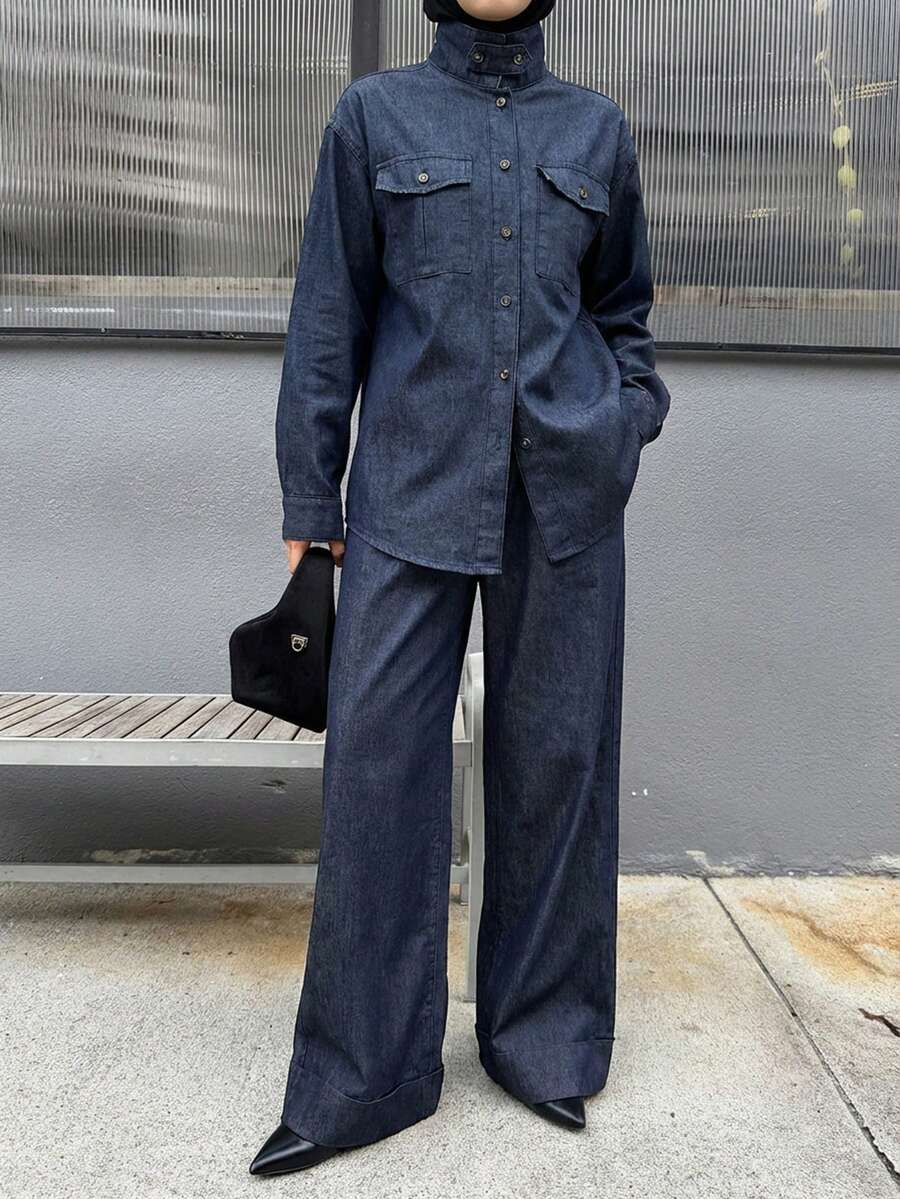 Livesso Women's Loose Denim Shirt With Stand Collar And Wide Leg Jeans Casual Denim Set - Dark Wash - View 1