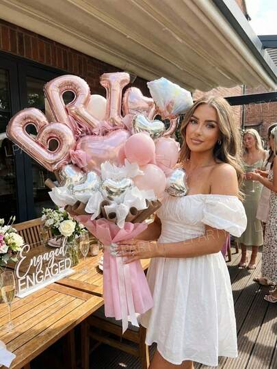 16件套新娘送礼会装饰气球，可打造花束造型，包含16英寸玫瑰金/金色/银色/粉色“Bri”字母气球、10英寸银色/玫瑰金心形气球、迷你钻石戒指形状气球，适用于订婚派对装饰、求婚、告白等场合。