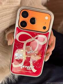 1pc New Fashionable Luxury Gold-Plated Red Base "Happy Year" Fireworks Bow Rabbit Compatible With IPhone 17 Pro Max/16 Pro Max/15/14/13 Stylish Phone Case, Unique Personalized Protective Cover - Multicolor - View 3