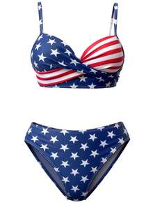 Women's Sexy American Flag Print Bikini Set, Fashion Summer Beach, Suitable For Spa, Resort, Beach, Pool, Cruise - Màu xanh hải quân - Xem 2