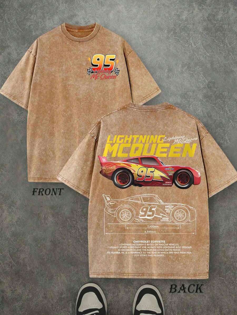 Disney Camiseta casual de verano con estampado de Rayo McQueen, de peso pesado y lavado retro, de moda callejera - Marrón Mocha - Ver 1