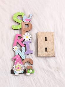 2件套复活节快乐木质桌面摆件 | “SPRING”和“EASTER”主题字母，配有兔耳朵、迷你矮人、白兔、复活节彩蛋、胡萝卜和花朵图案，复活节礼物 - 彩色 - 查看 5