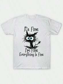 White T-Shirt,Funny Pet Cat, Black Cat It's Fine I'm Fine Everything Is Fine T-Shirt, Graphic Tee, Vintage And Stylish Casual T-Shirt, Y2K, Streetwear, Cute, Suitable For Both Men And Women. - White - View 2