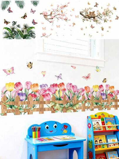1PC- Wallpaper -[Branches, Birds, Flowers, Butterflies]Boy Kids Room Decor Home Self-Adhesive Baby Nursery Decor Girl Decor Wallpaper Removable Wall Stickers For Wall Decor Living Room, Girls Bedroom, Window Stickers – Cute & Creative For Wall Art Kids Room Decor Bedroom Decor