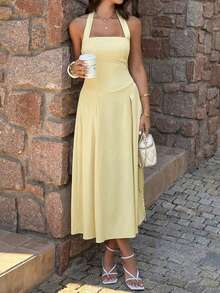 Unadoll 女士夏季休闲性感露背吊带连衣裙，荷叶边设计，优雅迷人，适合约会、度假、情人节、生日和派对等场合。 - 黃色 - 查看 6