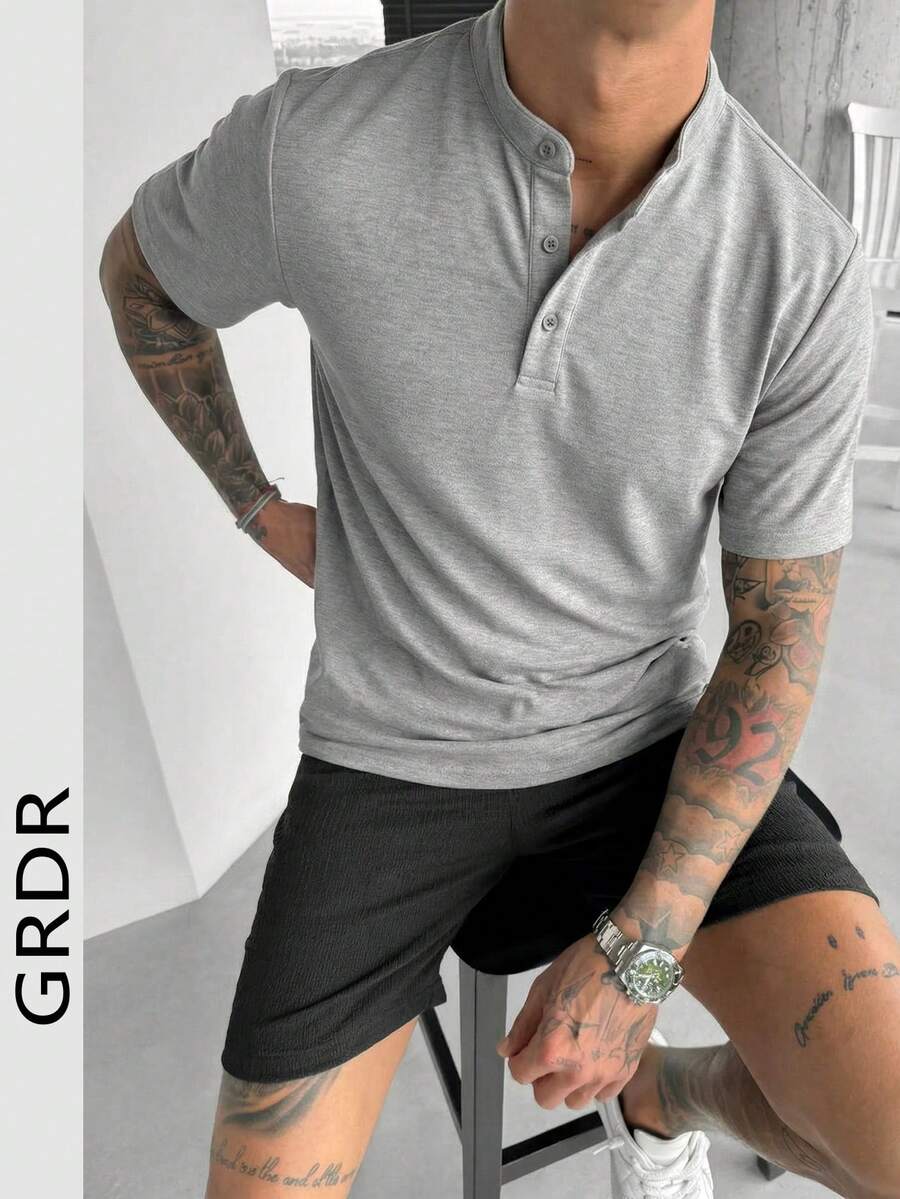 GRDR 复古亨利领纽扣T恤，男士灰色，百搭宽松短袖打底衫 - 灰色 - 查看 1