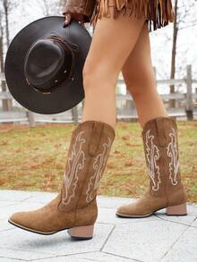 2026 New Women's Casual Fashion Square Toe Embroidered Chunky Heel Western Boots - Khaki - View 4