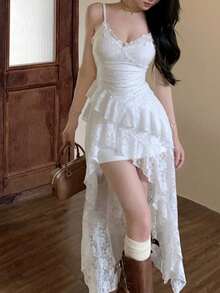 夏季V领荷叶边下摆甜美柔软不规则优雅Y2K性感女士生日派对夜店迷你紧身露背连衣裙，女士假日晚宴蕾丝吊带裙，时尚仙女裙设计 - 白色 - 查看 2