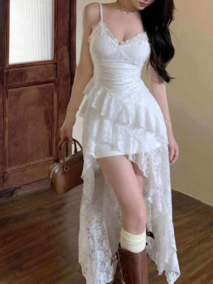 夏季V领荷叶边下摆甜美柔软不规则优雅Y2K性感女士生日派对夜店迷你紧身露背连衣裙，女士假日晚宴蕾丝吊带裙，时尚仙女裙设计