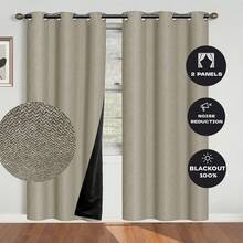 2pcs Blackout Beige Thermal Curtains - 99% UV Resistant Polyester, Grommet Top, Linen Texture, Bedroom Art Theme, Coated Blackout Thermal Insulation, Noise Reducing - Ideal For Bedroom, Farmhouse And School Deep Sleep, 120gsm - Beige - View 16