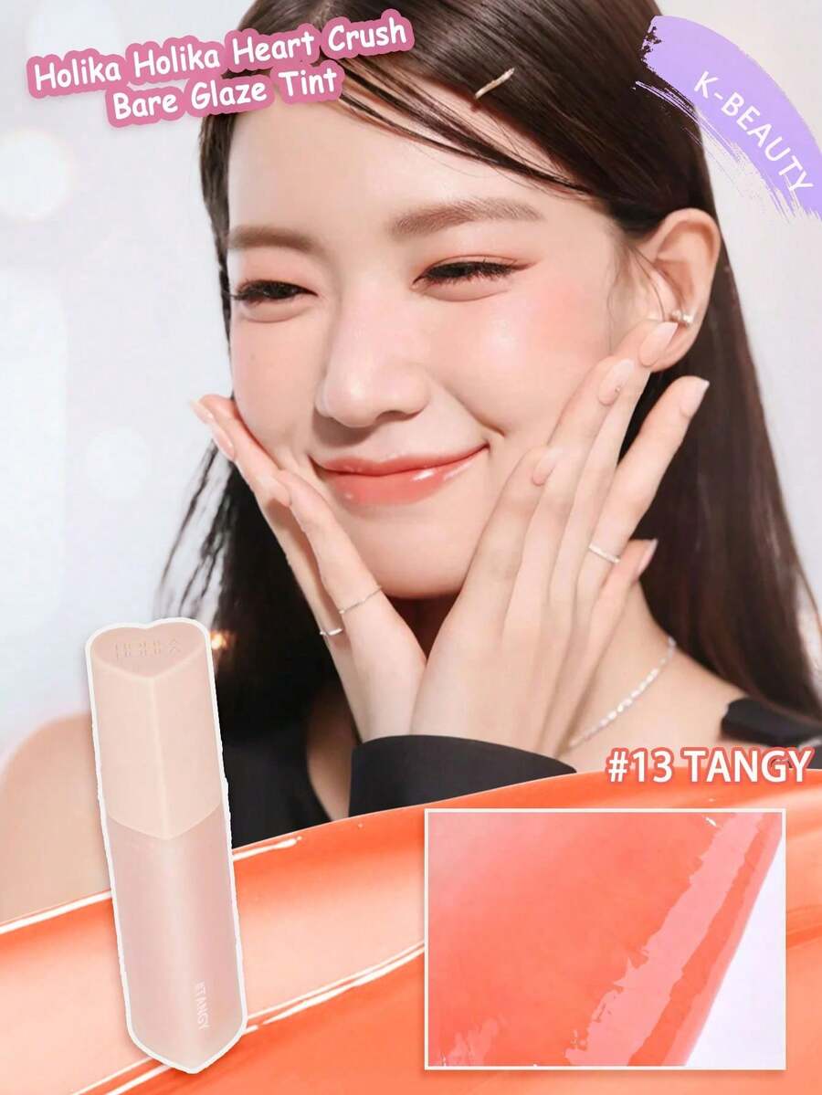 HOLIKA HOLIKA Son tint Heart Crush Bare Glazed Tint 13 TANGY, kết cấu dạng gel nước, siêu nhẹ, không bết dính, màu trong suốt, hiệu ứng làm đầy môi dưỡng ẩm, tông màu MLBB (My Lips But Better), dùng hàng ngày, tạo hiệu ứng chuyển màu, mỹ phẩm Hàn Quốc, trang điểm Hàn Quốc, 3g/0.1oz.