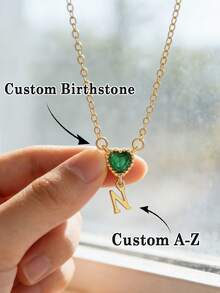 1pc Personalized Gold Birthstone Initial Necklace, Mini Letter Jewelry, Custom Birthday Gift For Her, Bridesmaid Gift, New Mom Gift, Girlfriend Gift - Gold - View 2