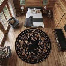 Elegant Black Floral Round Rug For Living Room, Bedroom, Entryway - Vintage Botanical Style Circle Carpet For Women, Couples & Stylish Homes - 1PC - 查看 5