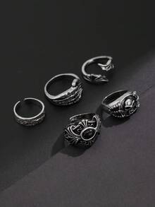 5pcs/Set Gothic Style Skull Gemstone Rings, Unique Hiphop Personalized Rings Jewelry Set For Men, Charm Jewelry Gift - Skull Wings Ring - View 5