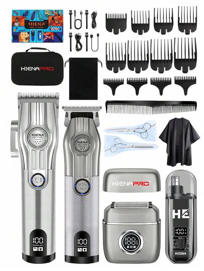 HIENA Kit de aseo masculino 4 en 1: Cortadora de pelo eléctrica inalámbrica, tijeras de barbero profesionales plateadas, tijeras de grabado, recortadora de vello nasal magnética con carga rápida USB y pantalla LED. Ideal para uso en salón y hogar, viene en caja de regalo de lujo - regalo perfecto para la familia en días festivos