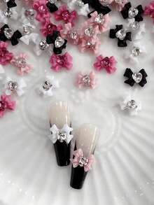15pcs Nail Charms, Resin Bow Ribbon With Rhinestones, White, Pink, Black Nail Charms, Luxury Y2K Metal Nail Supplies, Shiny White, Pink, Rhinestone Nail Gems, Suitable For Multi-Functional DIY Accessories Nail Decoration - Multicolor - View 3