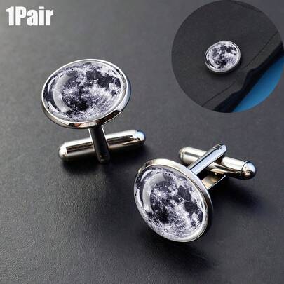 1 Pair Cosmic Planet Pattern Cufflinks Men Simple Style Glass Alloy Cufflink Classic Formal Wear Accessories Perfect For Wedding Business Dinner And Gifts