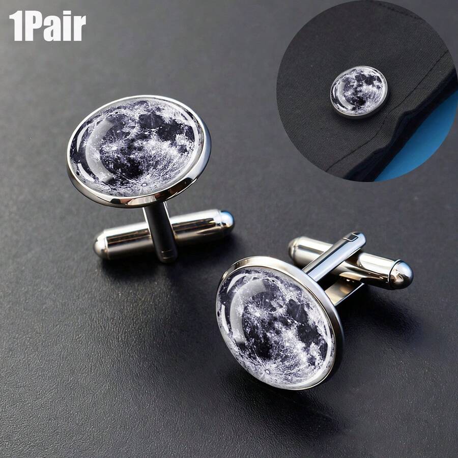 1 pereche butoni cu model Cosmic Planet pentru bărbați, stil simplu, din aliaj de sticlă, butoni clasici, accesorii de ținută formală, perfecți pentru nuntă, cină de afaceri și cadouri - Argint - Vizualizare 1