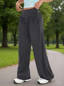 Quần jogger nữ màu trơn, cạp chun, ống đứng, dáng rộng, thích hợp cho các hoạt động thể thao ngoài trời, tập gym, yoga, mặc thường ngày, đi bộ đường dài, quần ống rộng cho mọi mùa xuân. - Xám - Xem 4