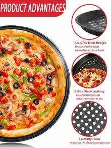 1pc 12-Inch Black Carbon Steel Pizza Baking Pan, Non-Stick Pizza Tray, Suitable For Pizza, Cake, Bread, Roast, With Holes, Round Baking Tray, Oven Tray, Pizza Dish, Pizza Mold, Baking Set - Multicolor - View 2