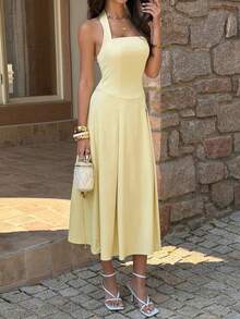 Unadoll 女士夏季休闲性感露背吊带连衣裙，荷叶边设计，优雅迷人，适合约会、度假、情人节、生日和派对等场合。 - 黃色 - 查看 5