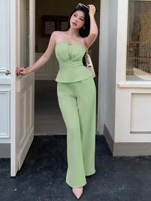 abyoxi 两件套：豌豆绿荷叶边露脐上衣搭配阔腿裤，时尚优雅，适合办公室、通勤、复古风、派对、约会、情人节、春夏装扮。 - 豆綠色 - 查看 5