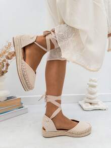 VIKIVIKI SHOES Women's Flat Espadrilles With Ankle Laces, Elegant Y2K Style Summer Sandal, Non-Slip Jute Sole, Breathable And Comfortable Design, Ideal For Holidays, Beach, Daily Walks And Casual Chic Summer Outfits - 米色 - 查看 6