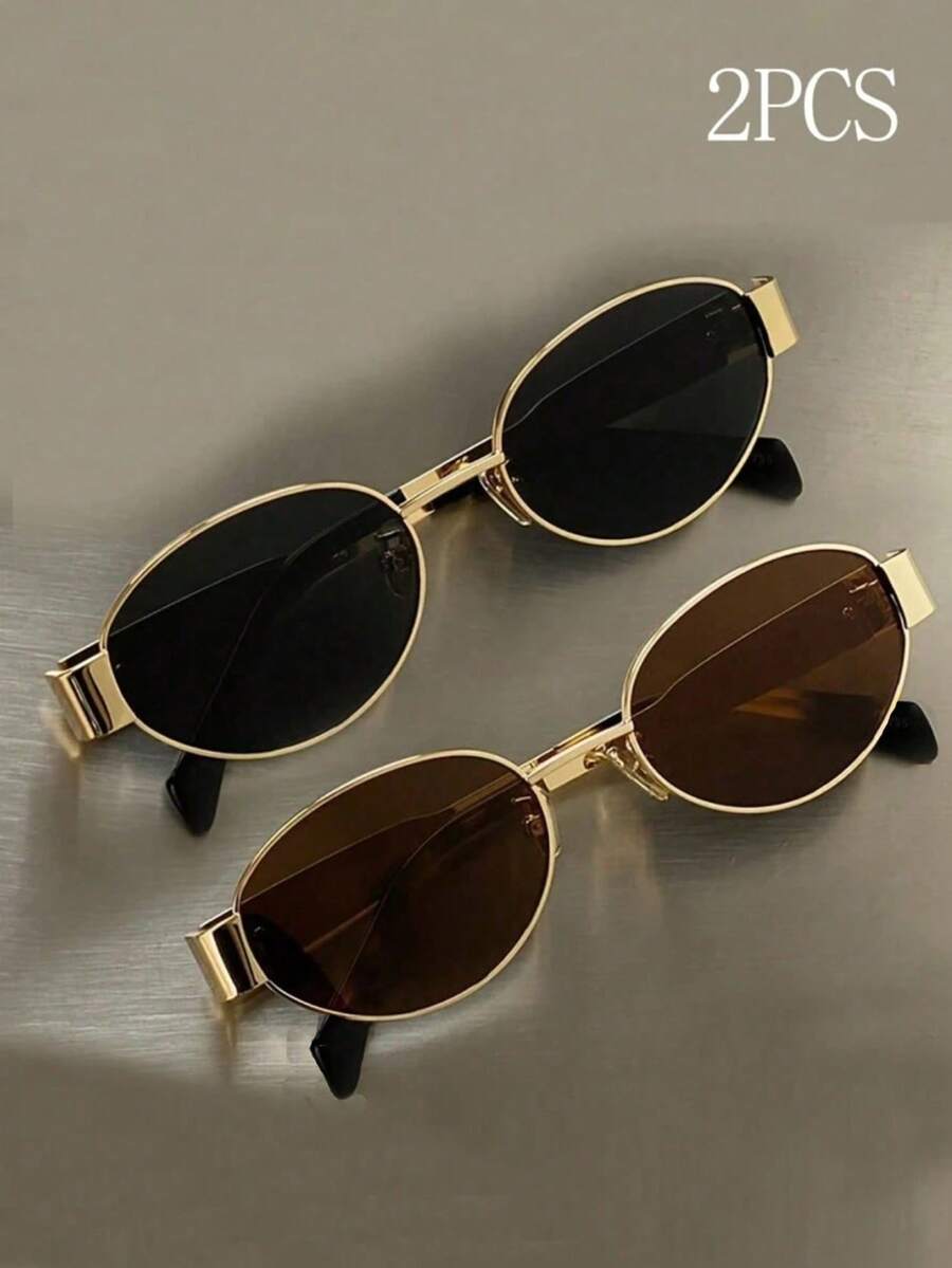两副椭圆形女士时尚金属框经典复古男女通用眼镜，适合返校、日常生活、音乐节、假期佩戴，也是理想的礼物之选。 - 2pcs 金灰金茶組合 - 查看 1