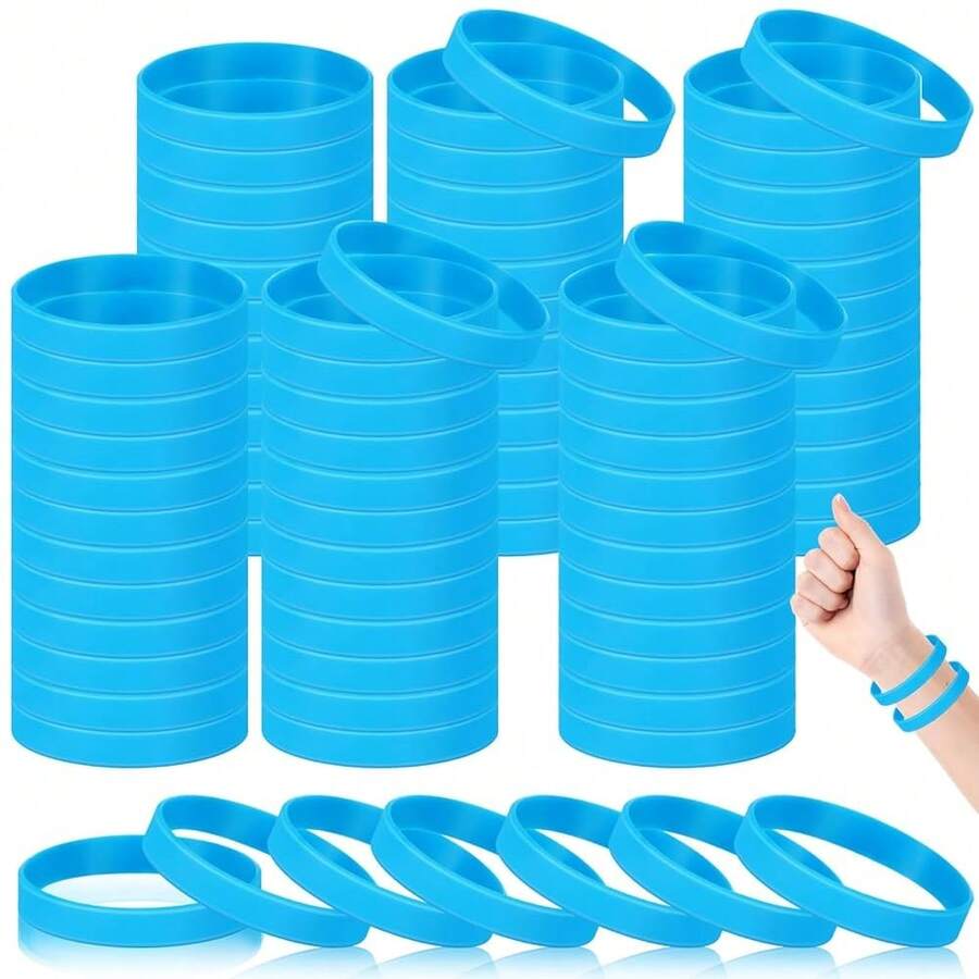 100 Pcs Solid Color Rubber Wristbands Rubber Bracelets Silicone Wristbands Sports Bracelets Bulk Adult Wrist Bands For Event Women Men Party Decorations(Sky Blue) - 天藍 - 查看 1