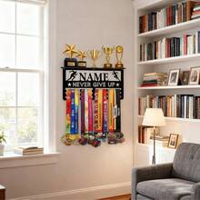 1pc Customized Metal Sports Medal Display Rack - 12 Hooks & Display Platform Can Hold 60+ Medals, Engraved With Name/Event, With "Never Give Up" Inspirational Design Elegant Wall-Mounted Sports Trophy Organizer - Home Decor For Football Honors & Achievements, Medal Hanging Display Rack, Modern Stylish, Perfect Gift For Christmas, Valentine's Day, Mother's Day, And Graduation - Multicolor - View 1