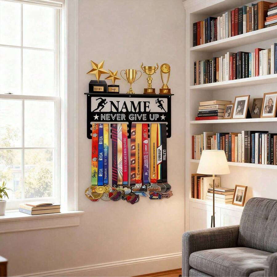 1pc Customized Metal Sports Medal Display Rack - 12 Hooks & Display Platform Can Hold 60+ Medals, Engraved With Name/Event, With "Never Give Up" Inspirational Design Elegant Wall-Mounted Sports Trophy Organizer - Home Decor For Football Honors & Achievements, Medal Hanging Display Rack, Modern Stylish, Perfect Gift For Christmas, Valentine's Day, Mother's Day, And Graduation - Multicolor - View 1