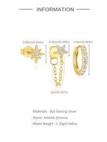 Pendientes colgantes de aro de plata de ley 925 para mujeres, pendientes de botón chapados en oro de 18K para mujeres, pendientes para cartílago hipoalergénicos para múltiples perforaciones, conjunto de joyas de pendientes pequeños y delicados apilables - Oro - Estrella 2 - Ver 6